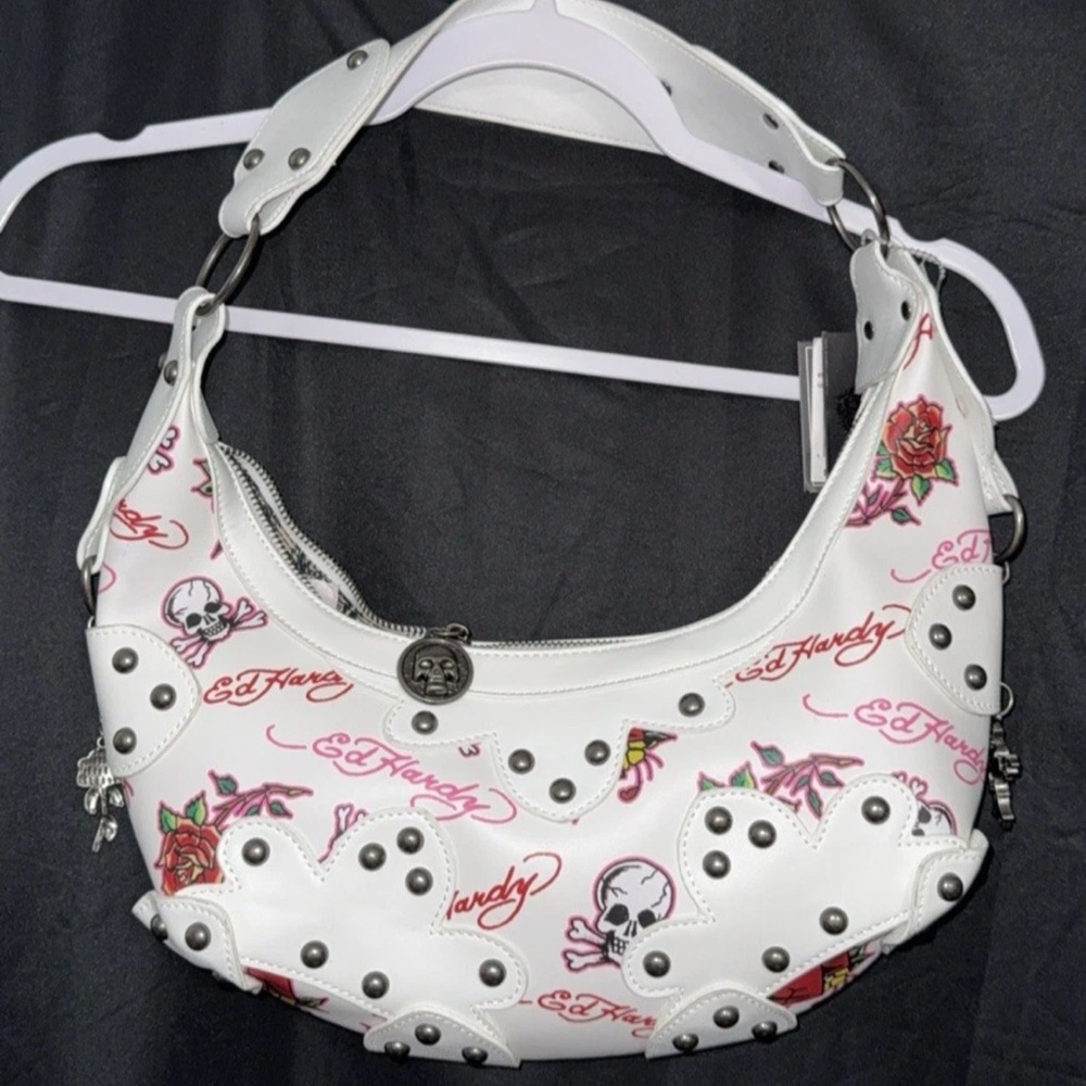 Ed Hardy White and Pink Shoulder Bag with Skull and Rose Design hobo new
